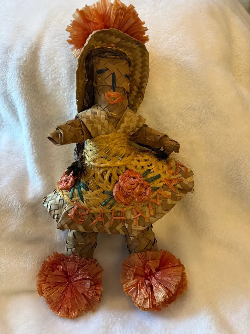 Vintage Handwove Straw Girl Doll Folk Art Raffia Woven Figure Floral Skirt Decor